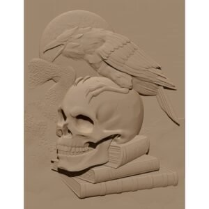 Skull, Books and Raven Relief 3D Model